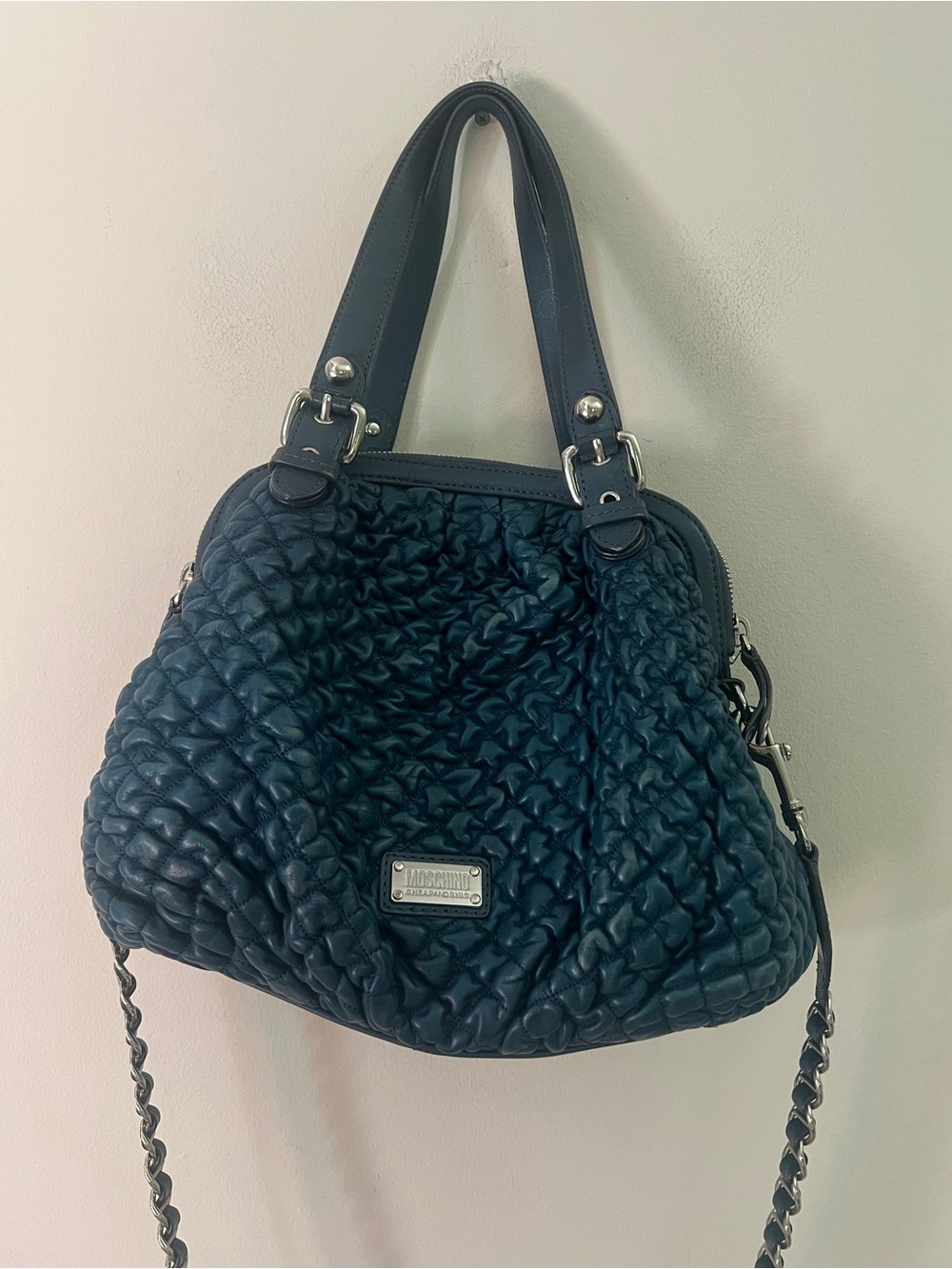 Moschino Quilted Leather Shoulder Bag in Deep Teal